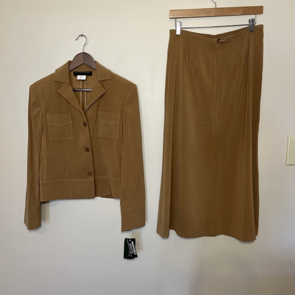 Vintage New‎ Harve Bernard Skirt Jacket Suit Set Camel Tan Y2K Career Sz 6/8